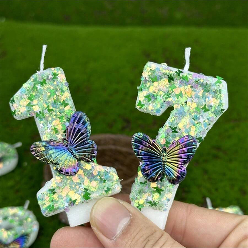 Candle Supply - 1Pc Green Sequins Number 0-9 Butterfly
